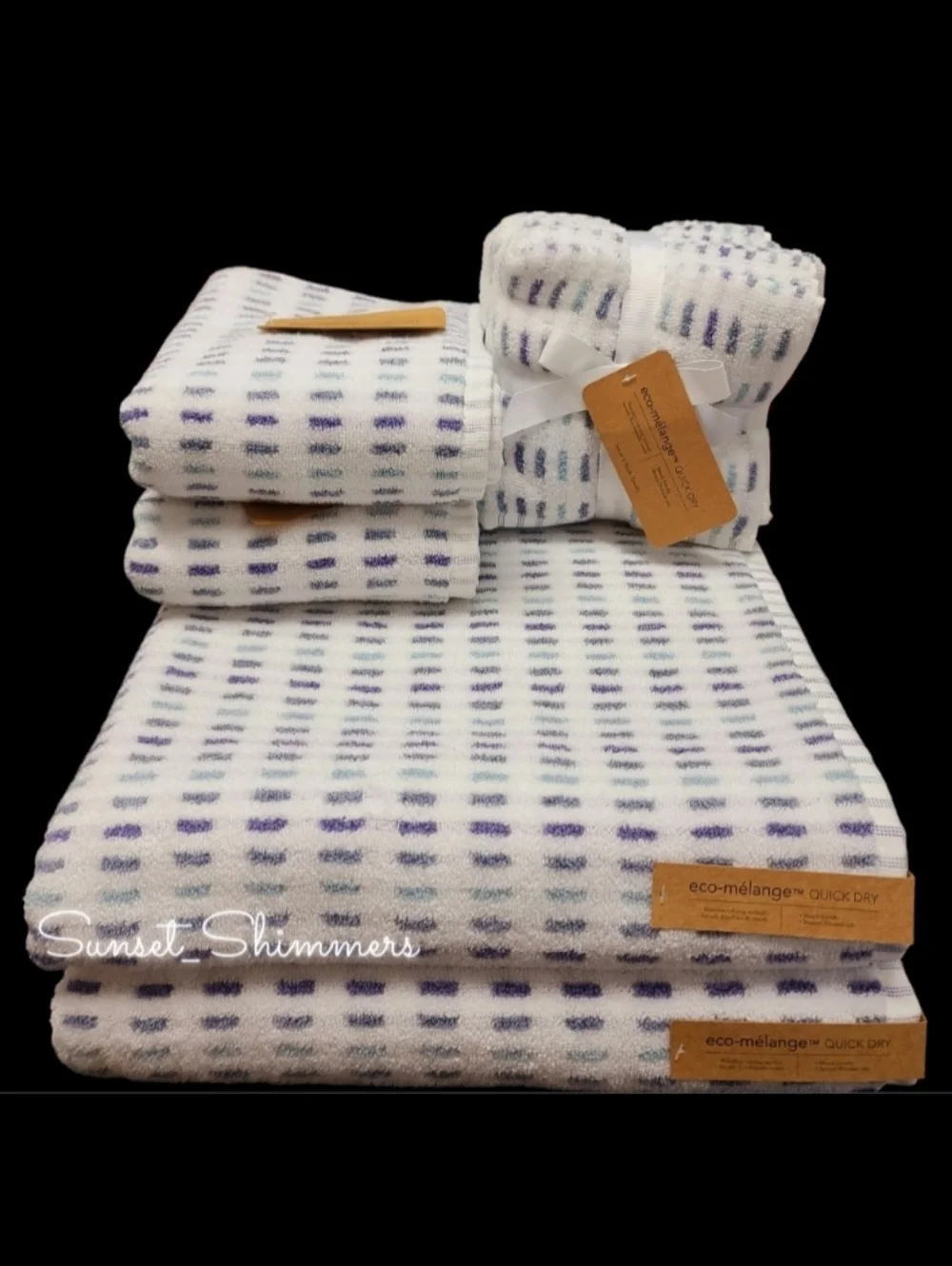 10pc ECO Melange 2 Bath 2 Hand 6 Washcloth Towel Set Purple Blue Ombre Check NEW